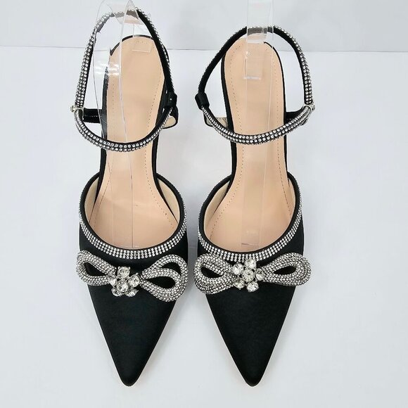 Black Rhinestone Bow Pointed Toe Strappy Special Occasion Heels Women's Size 10 - Picture 3 of 12